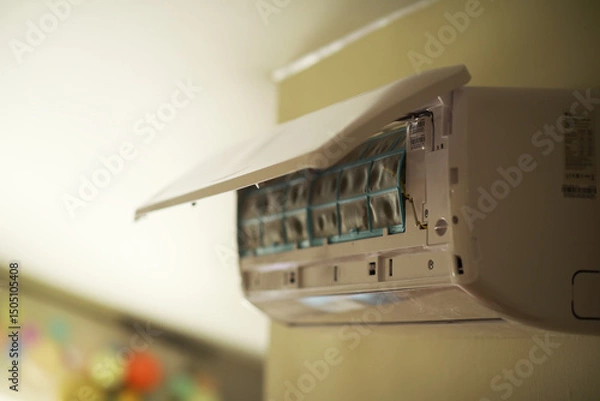 Obraz Close-Up of a Modern Wall-Mounted Air Conditioner with Open Front Panel