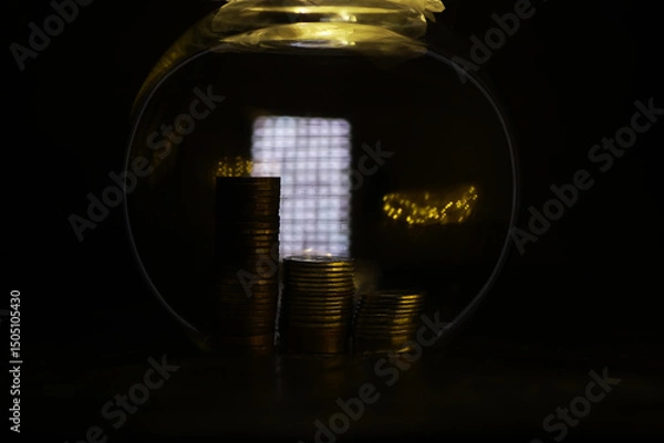 Obraz Stacked Gold Coins in Glass Jar with Warm Lighting and Blurred Background