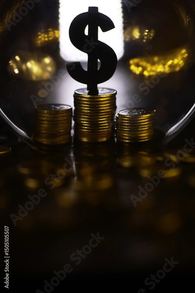 Obraz Stack of Gold Coins with Dollar Symbol Under Glass Dome