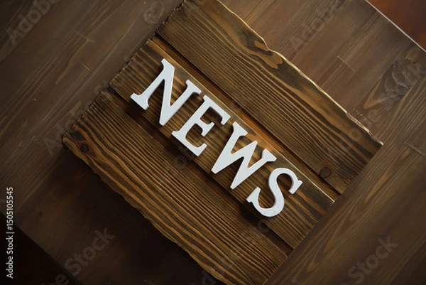 Obraz Wooden Signboard with News Text on Rustic Wooden Background Displaying Latest News Update