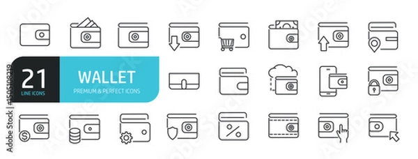 Fototapeta Set of line icons related to wallet, money, payment. Editable stroke. Outline icons collection. Vector illustration stock illustration