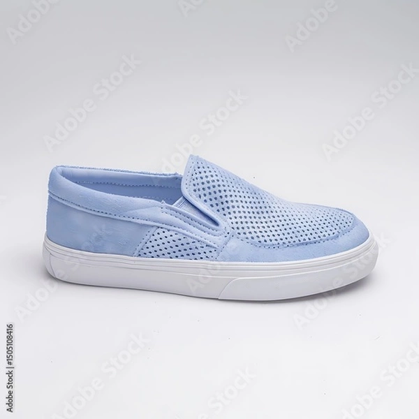 Fototapeta Trendy light blue perforated slip-on shoe with white sole for summertime