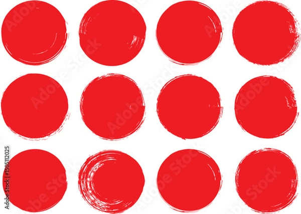 Fototapeta Set of red grunge circles shapes, grunge round shapes. Paint brush stamp collection. Vector brush circle. Red grunge circle stamp.