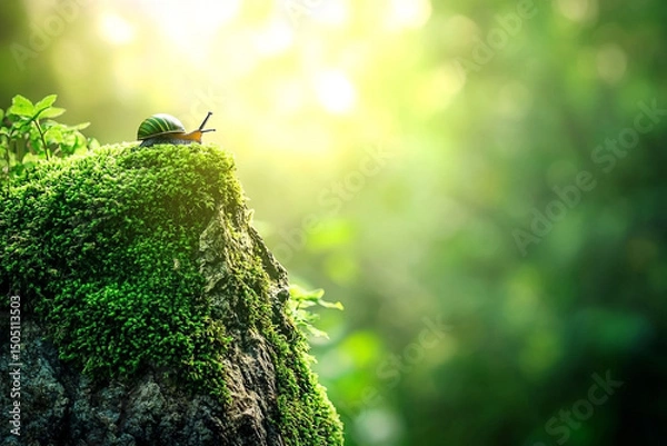 Fototapeta Tranquil forest scene featuring a snail on moss-covered formation basking in sunlight