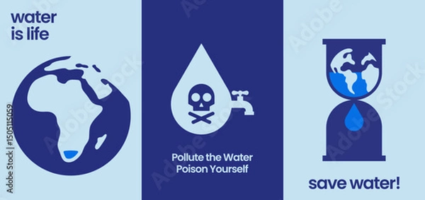 Fototapeta Save water awareness poster highlighting the importance of clean water, global scarcity, and environmental responsibility with bold symbolic illustrations.