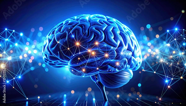 Fototapeta Glowing blue human brain with neural network connections symbolizes innovation and research in neuroscience and technology development