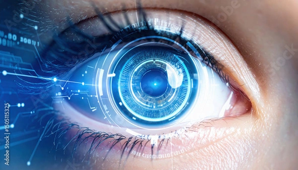 Fototapeta Innovation research eye technology digital futuristic close up human blue interface