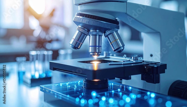 Fototapeta Microscope innovation research laboratory with glowing digital interface showing advanced scientific study and technology progress medical field