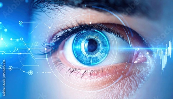 Fototapeta Close up of human eye with digital interface elements showcasing innovation and research in futuristic technology and biometric scanning