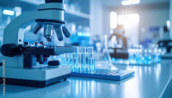 Fototapeta Microscope and test tubes in laboratory setting showing innovation and research in science with blue light and glassware on table