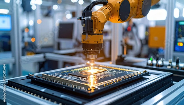 Fototapeta Industrial robotic arm assembling electronic circuit board with precision showcasing innovation and research in advanced manufacturing technology