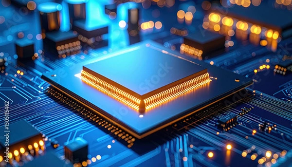 Fototapeta Microchip innovation and research drive future of technology with glowing circuits on blue printed circuit board in close up view