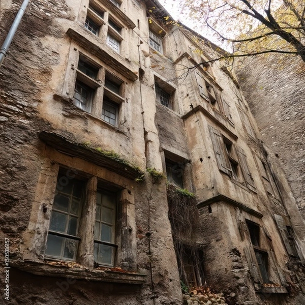Fototapeta Weathered building exterior with chipped plaster and broken windows showing neglect.