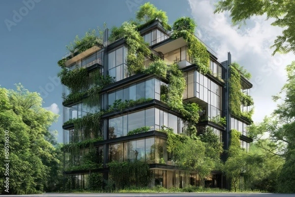 Fototapeta Environmentally friendly building with modern design, sustainable features, and greenery surrounding it.