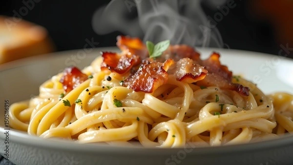 Fototapeta Authentic Italian Spaghetti Carbonara with Crispy Pancetta