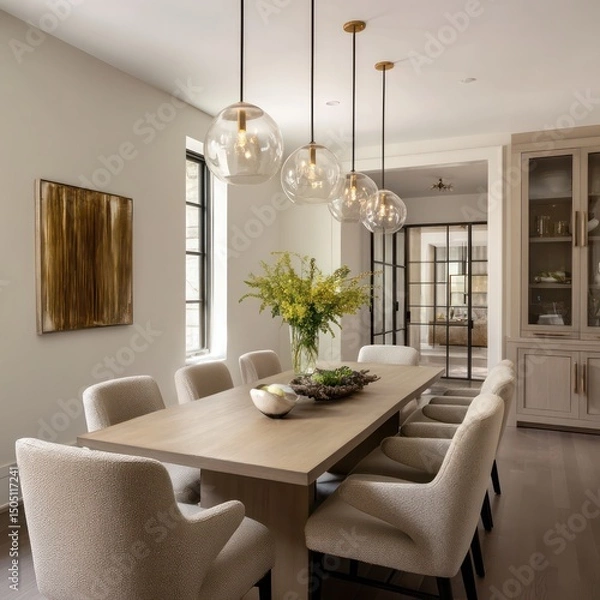 Fototapeta Cozy dining area with a simple table, neutral-colored chairs, and soft, warm pendant lighting.