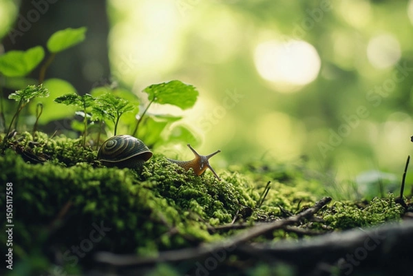 Fototapeta Whimsical snail in a lush green micro-landscape illuminated by soft light