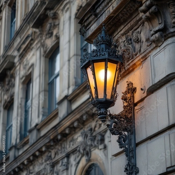 Fototapeta Elegant vintage facade with ornate design and a softly glowing lantern, creating a charming atmosphere.