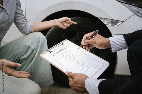 Fototapeta Man inspecting damaged car after crash, documenting insurance claim with mobile phone, showing frustration, analysis, and need for repair service.