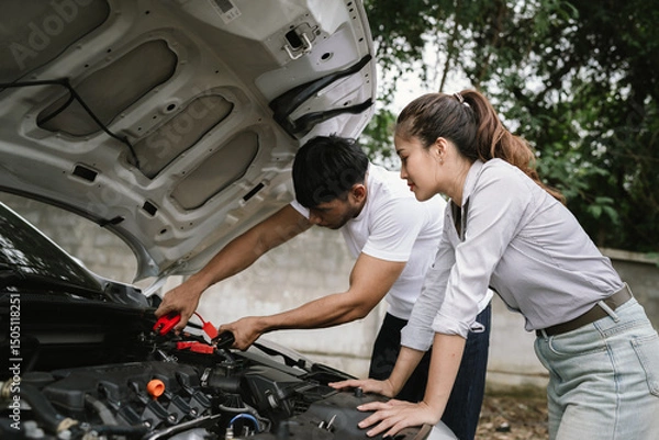 Fototapeta Man inspecting damaged car after crash, documenting insurance claim with mobile phone, showing frustration, analysis, and need for repair service.