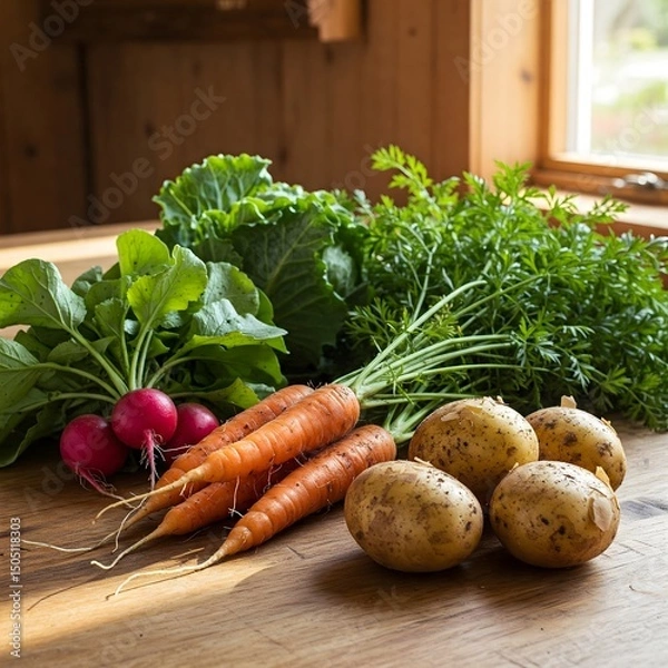 Fototapeta Colorful Root Vegetables: Carrots, Radishes, and Beets