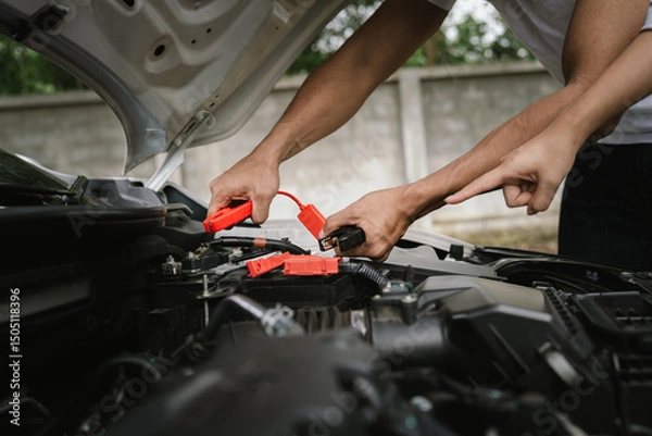 Fototapeta Man inspecting damaged car after crash, documenting insurance claim with mobile phone, showing frustration, analysis, and need for repair service.