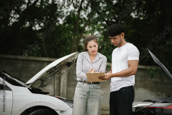 Fototapeta Man inspecting damaged car after crash, documenting insurance claim with mobile phone, showing frustration, analysis, and need for repair service.