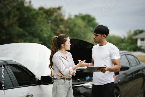 Fototapeta Man inspecting damaged car after crash, documenting insurance claim with mobile phone, showing frustration, analysis, and need for repair service.
