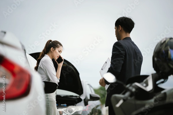 Fototapeta Man inspecting damaged car after crash, documenting insurance claim with mobile phone, showing frustration, analysis, and need for repair service.