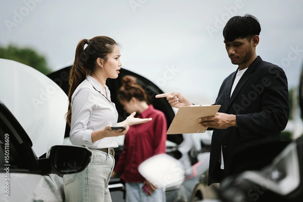 Fototapeta Man inspecting damaged car after crash, documenting insurance claim with mobile phone, showing frustration, analysis, and need for repair service.