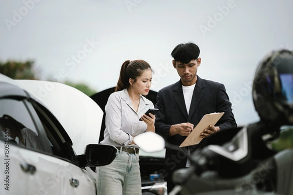 Fototapeta Man inspecting damaged car after crash, documenting insurance claim with mobile phone, showing frustration, analysis, and need for repair service.