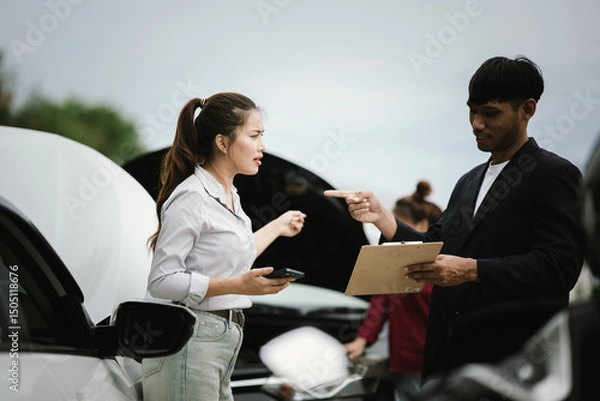 Fototapeta Man inspecting damaged car after crash, documenting insurance claim with mobile phone, showing frustration, analysis, and need for repair service.