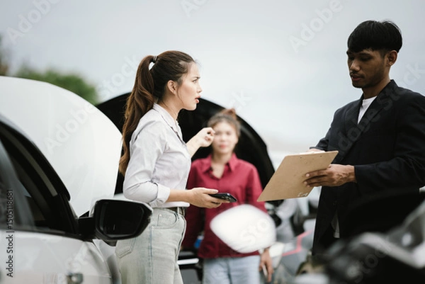 Fototapeta Man inspecting damaged car after crash, documenting insurance claim with mobile phone, showing frustration, analysis, and need for repair service.