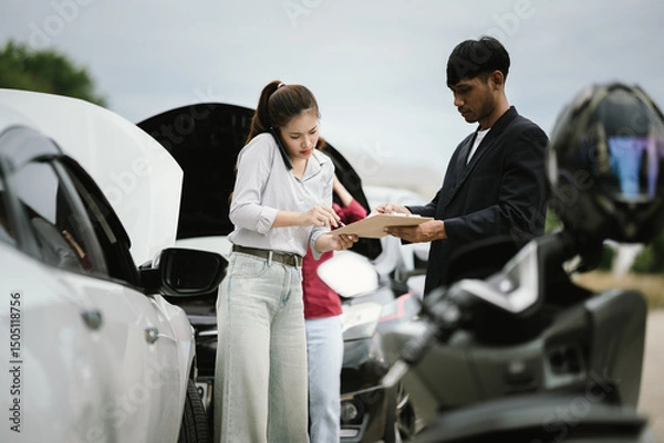 Fototapeta Man inspecting damaged car after crash, documenting insurance claim with mobile phone, showing frustration, analysis, and need for repair service.