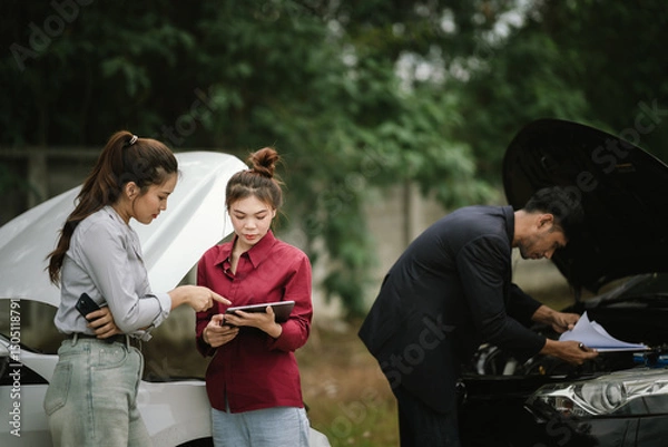 Fototapeta Man inspecting damaged car after crash, documenting insurance claim with mobile phone, showing frustration, analysis, and need for repair service.
