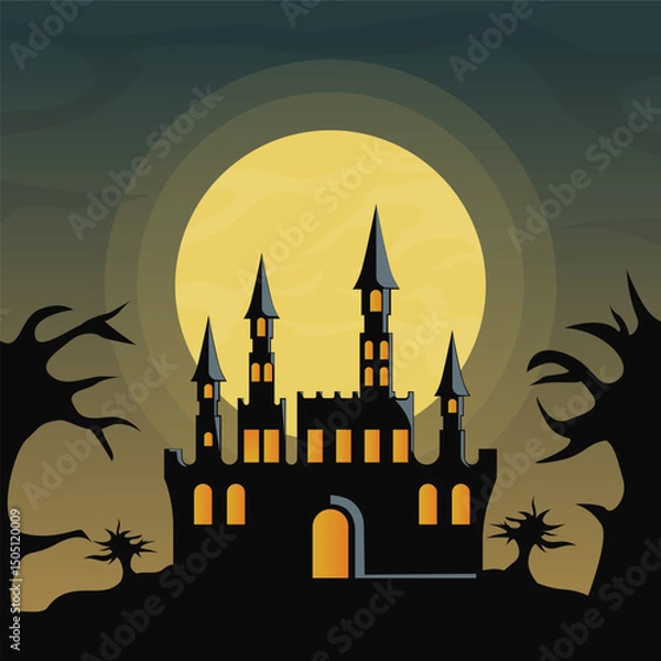 Obraz halloween castle horror landscaped vector illustration graphic design . old building at night with full moon view for festival idea concept