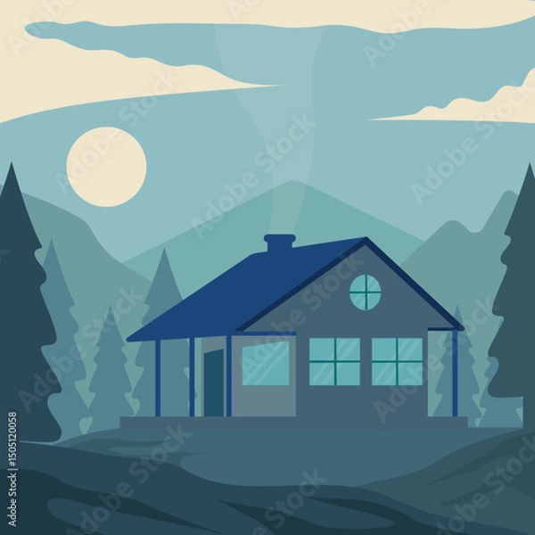 Obraz cabin or cottage at nature forest landscaped vector illustration graphic design . minimalist guest house at night view with trees and mountain idea concept for business travel