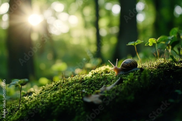 Fototapeta A miniature world illuminated: Snail's journey through mossy enchanted forest