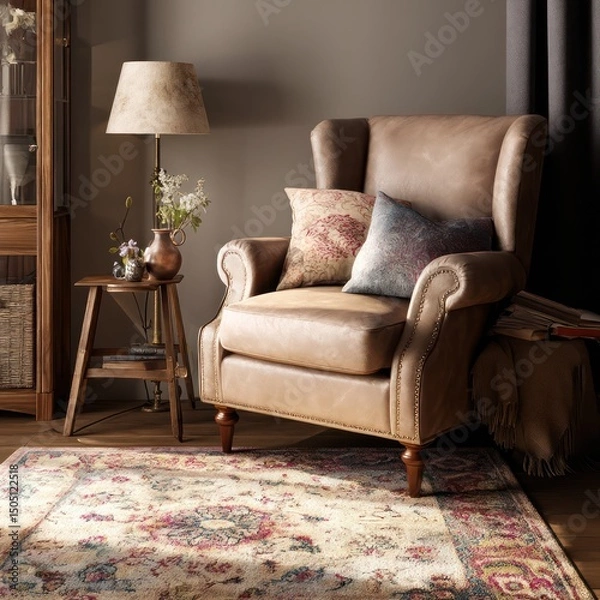 Fototapeta Comfortable reading space with a plush armchair, soft lighting, and a decorative rug to relax in.