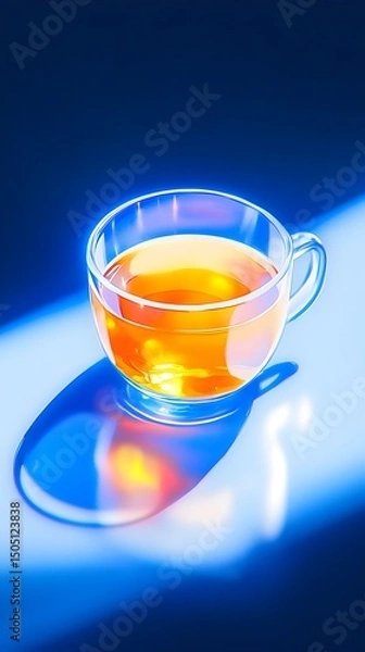 Fototapeta A glass teacup filled with amber liquid casts a vibrant, reflective shadow on a cool blue surface, illuminated by a dramatic light source