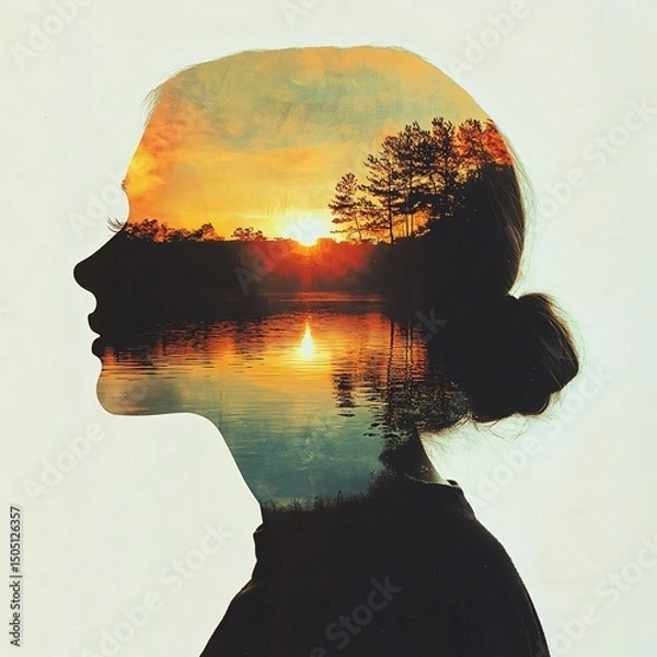Obraz surreal conceptual art featuring the silhouette of a woman's face blended with peaceful nature, expressing thoughts, emotions, and inner serenity