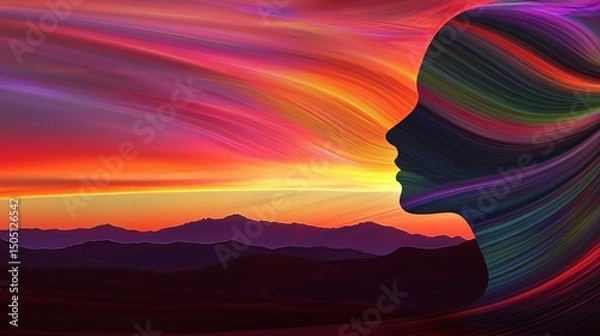 Obraz abstract art of a woman's face blending with cosmic colorful waves symbolizing mind, imagination, and emotional thinking