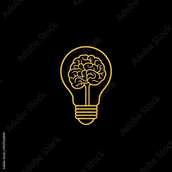 Obraz symbolic concept art of a yellow brain inside a lightbulb on a black background representing the power of human thinking