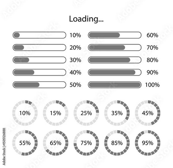 Fototapeta Loading bar. Countdown with line and circle pattern progress. Download banner. Vector illustration. Set of count down graphs with percent.
