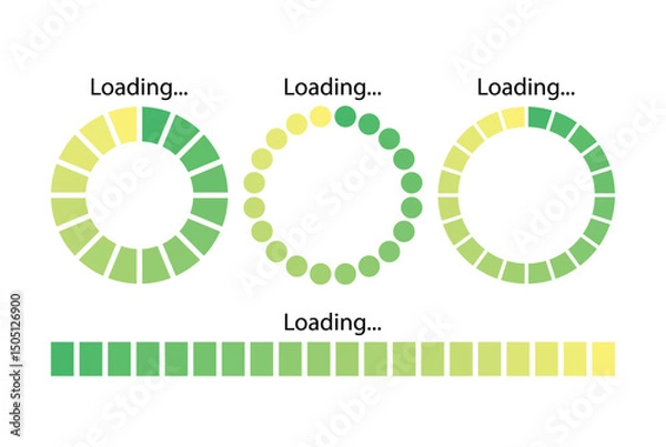 Obraz Countdown with line and circle pattern progress. Green and yellow loading bar. Download banner. Vector illustration. Set of count down graphs with percent.