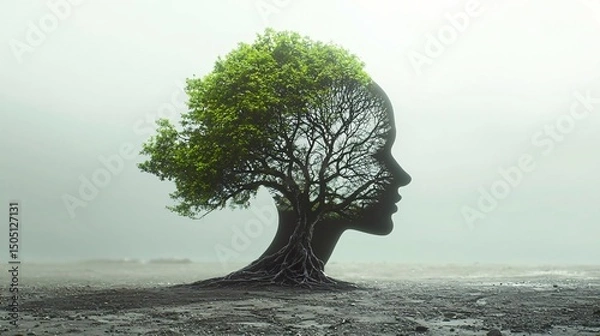 Obraz human face formed by tree shapes in a dry desert landscape, symbolizing psychology, emotion, and the complexity of the mind