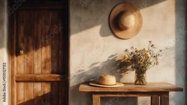 Fototapeta Sunlit Country Entryway with Straw Hats and Wildflowers on Wooden Table