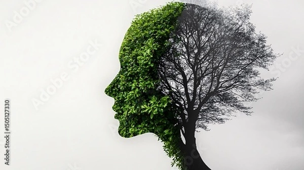 Obraz artistic representation of a woman’s face formed with green leaves and dry tree branches, symbolizing the contrast between growth and emptiness on a white background