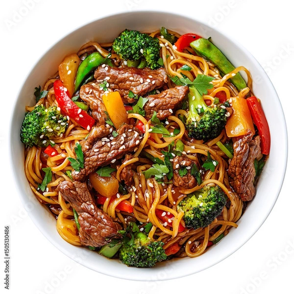 Fototapeta Delicious stir fried noodles with beef, colorful vegetables, and sesame seeds, served in white bowl. perfect blend of flavors and textures for satisfying meal isolated on a white background