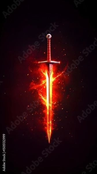 Fototapeta A fiery, bladed weapon, engulfed in intense orange and red flames against a dark backdrop, exuding power and heat